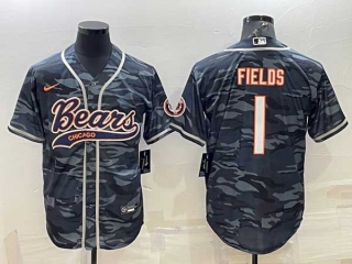 Men's Chicago Bears #1 Justin Fields Grey Camo With Patch Cool Base Stitched Baseball Jersey