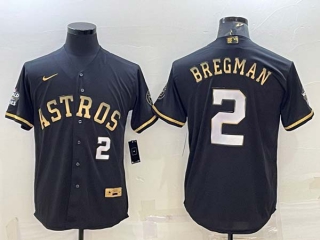 Men's Houston Astros #2 Alex Bregman Number Black Gold 2022 World Series Stitched Baseball Jersey