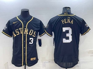 Men's Houston Astros #3 Jeremy Pena Number Black Gold 2022 World Series Stitched Flex Base Nike Jersey