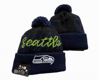 NFL Seattle Seahawks New Era Black Navy Confident Cuffed Knit Hat with Pom 3051