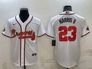 Men's Atlanta Braves #23 Michael Harris II White Gold World Series Champions Program Cool Base Stitched Baseball Jersey