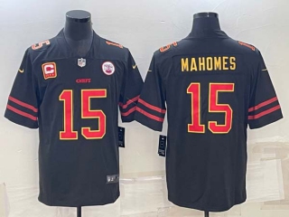 Men's Kansas City Chiefs #15 Patrick Mahomes Black Red With C Patch Stitched Football Jersey