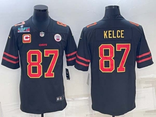 Men's Kansas City Chiefs #87 Travis Kelce Black Red Super Bowl LVII Patch And C Patch Vapor Untouchable Limited Stitched Jersey