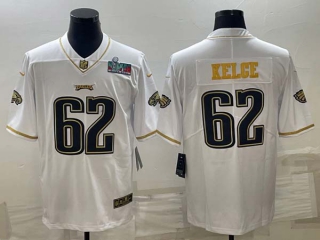 Men's Philadelphia Eagles #62 Jason Kelce White Gold Super Bowl LVII Patch Vapor Untouchable Limited Stitched Jersey