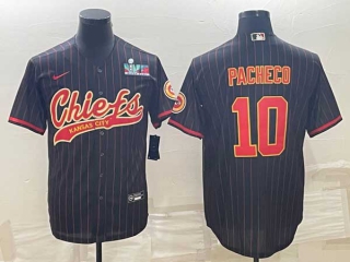 Men's Kansas City Chiefs #10 Isiah Pacheco Black Pinstripe With Super Bowl LVII Patch Cool Base Stitched Baseball Jersey