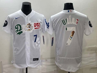 Men's Los Angeles Dodgers #7 Julio Urias Blue Number White With Vin Scully Patch Flex Base Stitched Baseball Jerseys