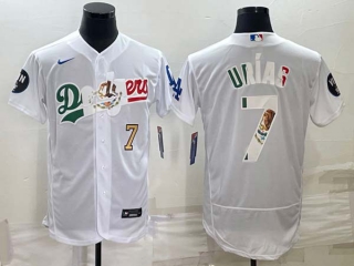 Mens Los Angeles Dodgers #7 Julio Urias Gold Number White With Vin Scully Patch Flex Base Stitched Baseball Jersey