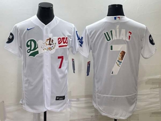 Men's Los Angeles Dodgers #7 Julio Urias Red Number White With Vin Scully Patch Flex Base Stitched Baseball Jersey