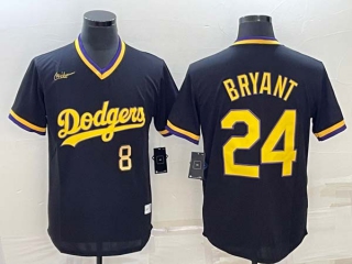 Men's Los Angeles Dodgers #24 Kobe Bryant Glod #8 Number Black Stitched Pullover Throwback Nike Jersey