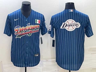 Men's Los Angeles Dodgers Big Team Logo Navy Blue Mexico Pinstripe Stitched MLB Cool Base Nike Jersey