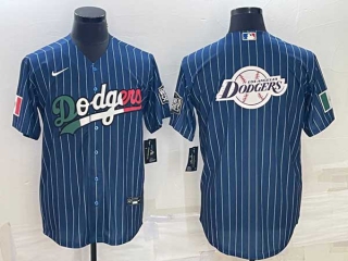 Men's Los Angeles Dodgers Big Team Logo World Series Navy Blue Pinstripe Stitched MLB Cool Base Nike Jersey