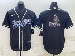 Men's Los Angeles Dodgers Black Blue LA Patch Big Team Logo Cool Base Stitched Baseball Jersey