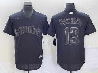 Men's San Diego Padres #13 Manny Machado Black On Black Cool Base Stitched Baseball Jersey