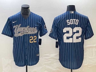 Men's New York Yankees #22 Juan Soto Blue Pinstripe Gold Number Cool Base Stitched Baseball Jersey