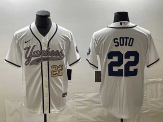 Men's New York Yankees #22 Juan Soto White Gold Number With Patch Cool Base Stitched Baseball Jersey