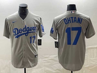 Men's Los Angeles Dodgers #17 Shohei Ohtani Gray Blue Number Stitched Cool Base Nike Jersey