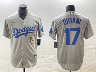 Men's Los Angeles Dodgers #17 Shohei Ohtani Gray Gold Number Stitched Cool Base Nike Jerseys