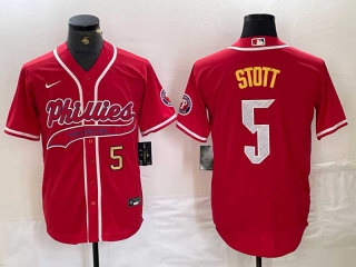 Men's MLB Philadelphia Phillies #5 Bryson Stott Red Gold Number Cool Base Stitched Baseball Jersey