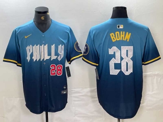 Men's MLB Philadelphia Phillies #28 Alec Bohm Blue Red Number 2024 City Connect Limited Cool Base Stitched Jersey