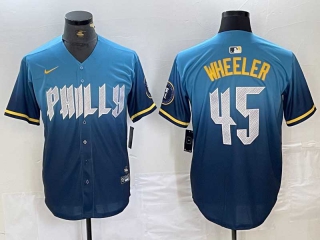Men's MLB Philadelphia Phillies #45 Zack Wheeler Blue 2024 City Connect Limited Cool Base Stitched Jersey