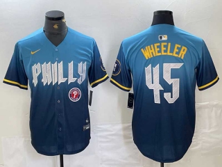 Men's MLB Philadelphia Phillies #45 Zack Wheeler Blue 2024 City Connect Limited Cool Base Stitched Jerseys
