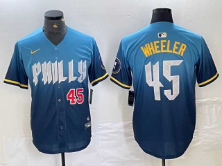 Men's MLB Philadelphia Phillies #45 Zack Wheeler Blue Red Number 2024 City Connect Limited Cool Base Stitched Jersey