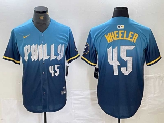 Men's MLB Philadelphia Phillies #45 Zack Wheeler Blue White Number 2024 City Connect Limited Cool Base Stitched Jersey
