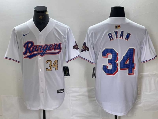Men's MLB Texas Rangers #34 Nolan Ryan White Gold Number 2024 Gold Collection Limited Cool Base Jersey